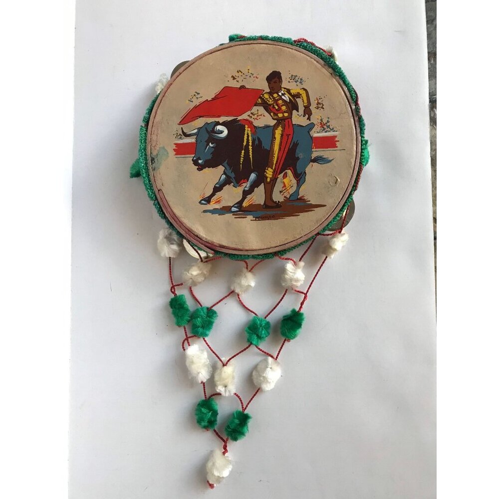 Hand Painted Spain Matador Bull Fighter Tambourine 8.5" Folk Art Signed Mampo